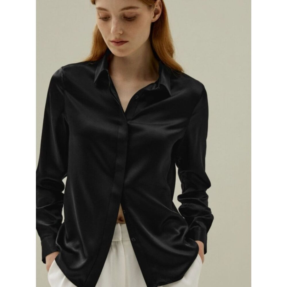 EUC LILYSILK Basic Concealed Placket Silk Shirt Black in XL
